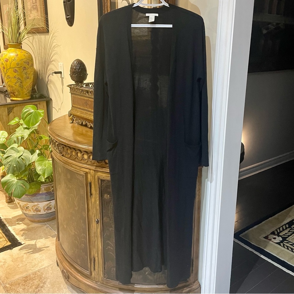 H&M Black Long Open Front Cardigan with Side Slits